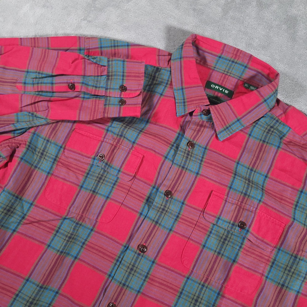 Orvis‎ Shirt Mens XL Red Plaid Triblend Button Up Active Fit Pocket Wool Blend